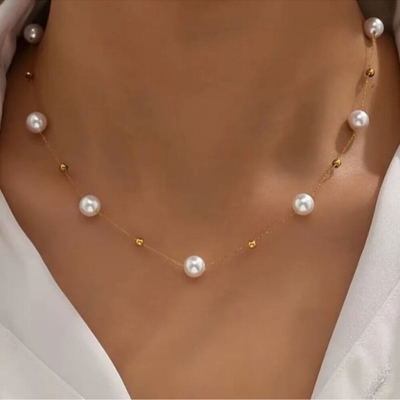 Private Label Jewelry - NEW 18K Gold Plated Pearl Station Chain Necklace